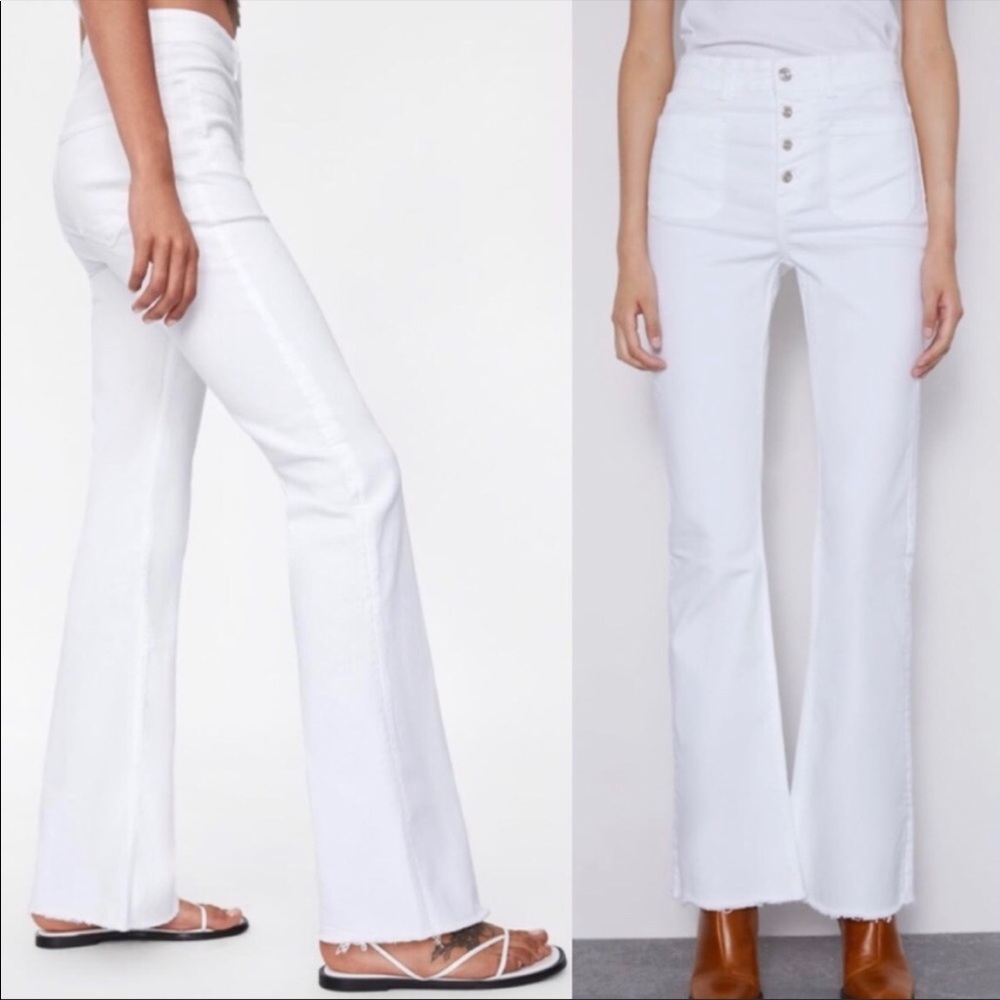 ZARA High Rise Button Fly Raw Hem Flare Jeans 6